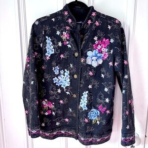 Denim &Co. Women’s Black Embroidered Jean Jacket Button Front Lined XSmall